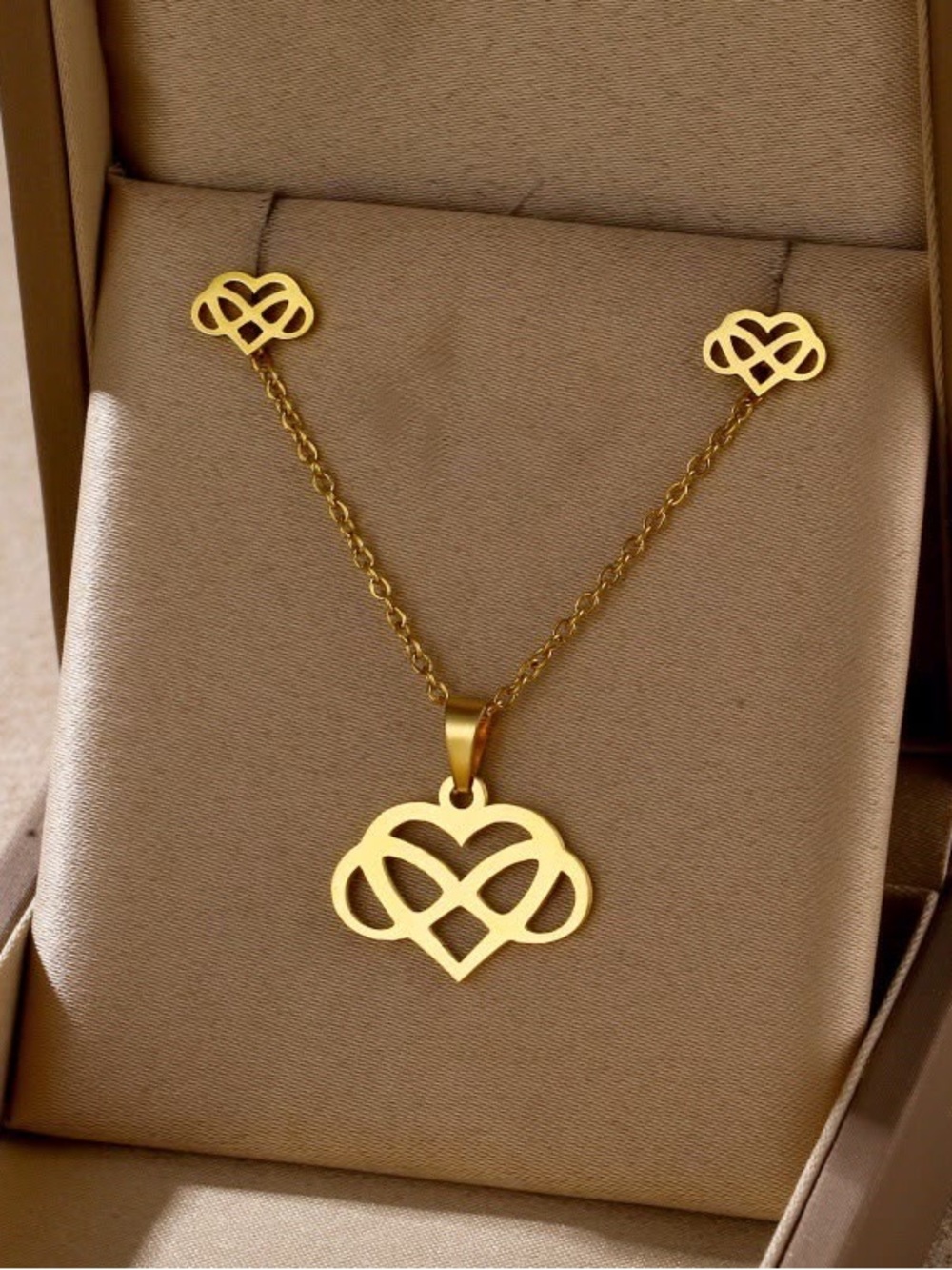 Gold Heart Knot Pendant Necklace and Stud Earrings Set
